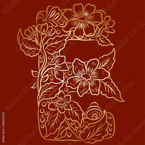 Floral alphabet letter A-Z hand drawn Illustration, Decorative botanical typography for coloring Pages and creative design.Set of flower alphabet.Line art and doodle for t-shirt.Elements with flower.