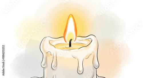 A burning candle illustration with melting wax, flame, and soft shadows, viewed from the front in a serene environment