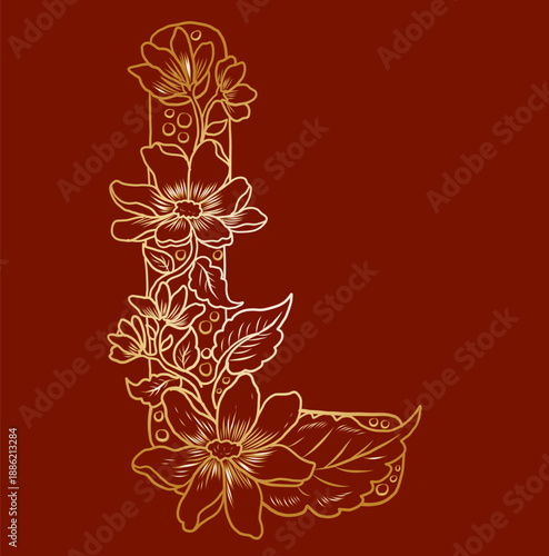 Floral alphabet letter A-Z hand drawn Illustration, Decorative botanical typography for coloring Pages and creative design.Set of flower alphabet.Line art and doodle for t-shirt.Elements with flower.