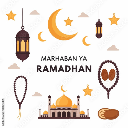 Festive Marhaban Ya Ramadhan greeting illustration featuring a mosque, lanterns, crescent moon, stars, prayer beads, and dates.
