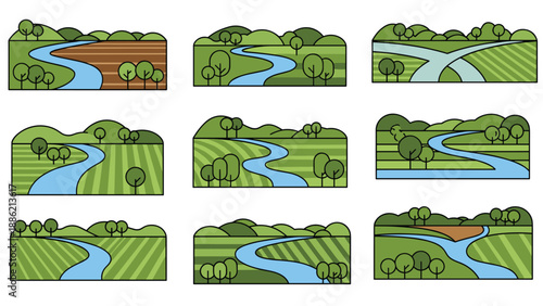 Diverse collection of nine pixel-art landscape illustrations featuring winding rivers, green fields, rolling hills, and scattered trees under clear skies.