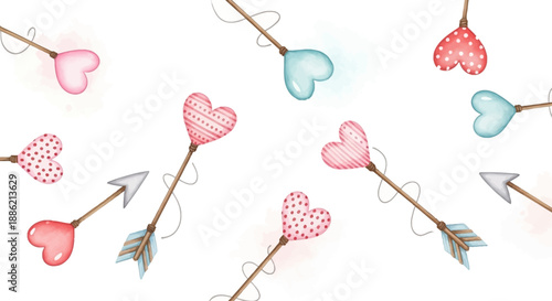 Hearts and Arrows Pattern Illustration Featuring Various Decorative Elements and Symbols