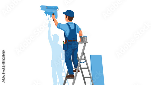 A diligent male painter in blue overalls and cap stands on a ladder, expertly applying blue paint to a white wall with a roller.