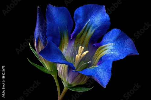 Close-up of royal blue gentian flower with textured petals on black background