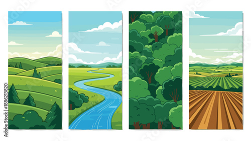 Four vibrant pixel-art illustrations depicting diverse natural landscapes: rolling green hills, winding rivers, dense forests, and farmlands.