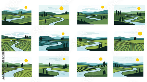 Twelve pixel-art illustrations showcasing diverse rural landscapes, featuring winding rivers, green fields, and rolling hills.