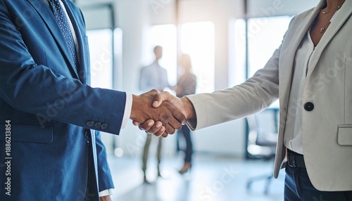 Professional business handshake between two diverse individuals sealing a deal or partnership in a modern office.