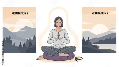 Serene woman meditates peacefully in the lotus pose, centered between two tranquil landscape illustrations titled "Meditation 2", symbolizing inner peace.