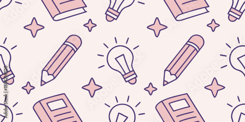 Seamless Learning System Pattern with Playful Educational Icons and Soft Pastel Color Palette, Cute Modern Vector Background for Kids Study and E-Learning