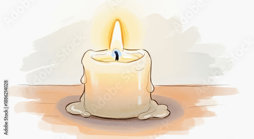 An illustration of a candle lighting up a serene environment from a close-up viewpoint on a wooden surface