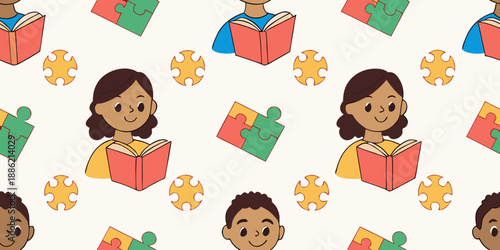 Seamless Learning Texture Pattern with Children and Adult Education Themes, Lifelong Study Concept, Clean Modern Vector Background