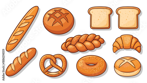 Delectable collection of various freshly baked bread and bakery items, including baguettes, loaves, challah, croissants, pretzels, and bagels.