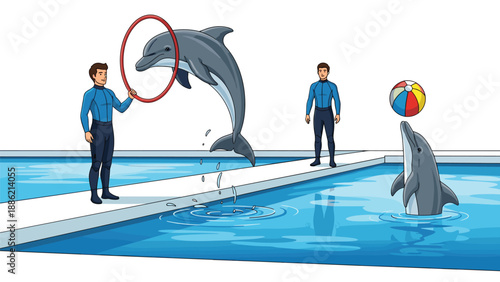 Trainers perform an impressive dolphin show in a clear blue pool, with one dolphin leaping through a hoop and another balancing a colorful ball on its nose.
