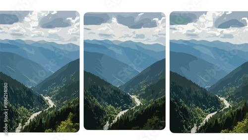 Vertical illustrations showcasing a majestic mountainous landscape, with a winding river flowing gracefully through a deep, lush green valley.