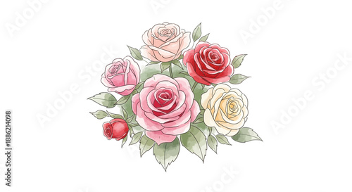 A delicate bouquet of roses and flowers in a soft watercolor illustration