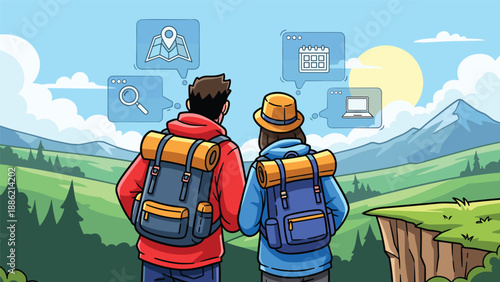 Hikers with backpacks admire a scenic mountain landscape, with digital icons suggesting trip planning, mapping, and online research.