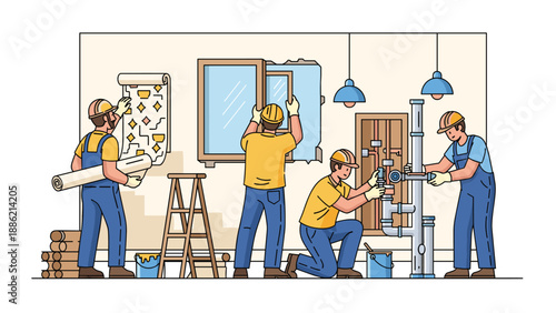 Four skilled construction workers perform various home renovation tasks: wallpapering, window installation, plumbing, and wall preparation.