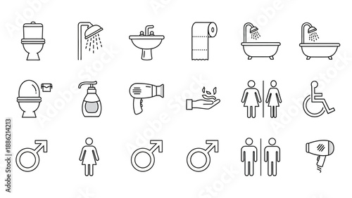 Bathroom Icons Set Toilet Shower Sink Hairdryer Toilet Paper Bathtub.