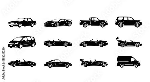 Collection of Black Car Silhouettes Various Models.