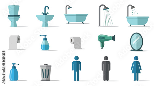 Bathroom Icons Set Toilet Sink Bathtub Shower Hairdryer Mirror.