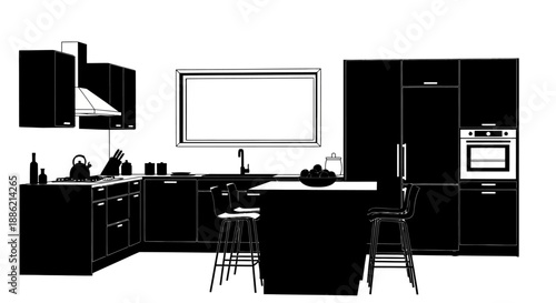 Modern Black Kitchen Interior Design Silhouette.