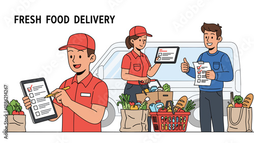 Three dynamic illustrations showcasing "Fresh Food Delivery" services, featuring a delivery person, a woman packing food, and a satisfied customer.
