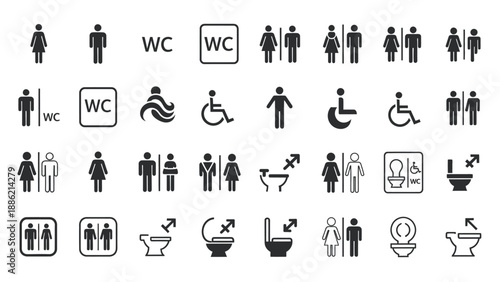 Collection of restroom and toilet signs icons for men women and disabled people.