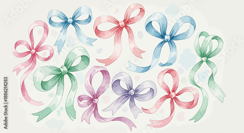 Colorful ribbon bows arranged in a circular pattern, celebrating special occasions with elegance and charm in a whimsical design