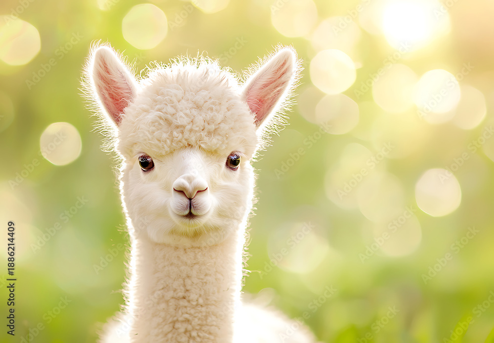 Fototapeta premium Cute alpaca with fluffy white face and soft wool gazes curiously at camera, surrounded by dreamy, blurred background