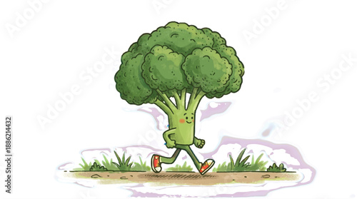Whimsical drawing of a friendly broccoli character with a smile, perfect for healthy eating or children's themes.