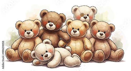 Group of adorable teddy bears sitting together in a playful pile, showcasing cuddly friendship and innocence