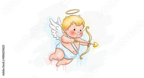 Adorable cherub with bow and arrow, halo above, wings spread, in mid-air, illustration, fantasy scene
