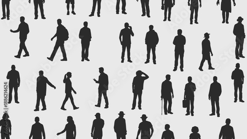 Diverse Group of People Silhouettes Standing and Walking.