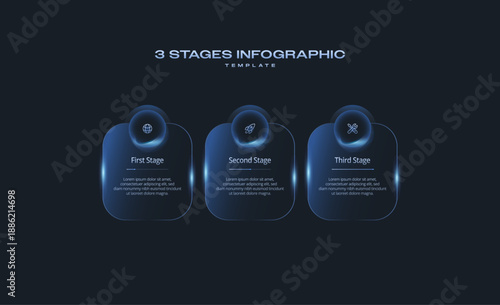 Dark Tech Infographic Template with Icons and Gradient Diagram, 3 Step Vector Workflow Layout for Presentations, Banners, Flowcharts, Business Reports, UI Design Assets, Modern Digital Style Pack Pro