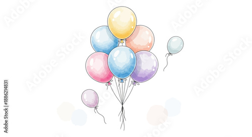 A vibrant cluster of colorful balloons floating in mid-air, tied together, viewed from a straightforward angle.