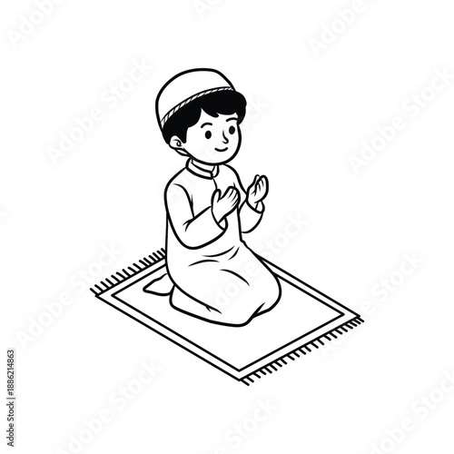 Young Muslim Boy on Prayer Mat Ramadan Line Art Vector