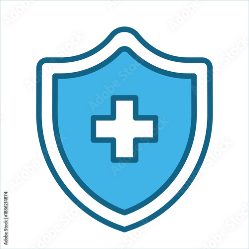Blue shield with white plus symbol. Suitable for medical and health related designs, as well as concepts related to protection and care.