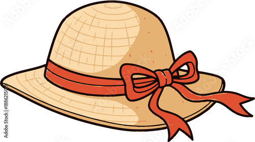 A classic straw sun hat with a wide brim and a decorative red ribbon tied into a bow, perfect for summer fashion.