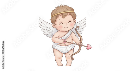 A cartoon illustration of a cherubic cupid standing alone with a bow and arrow, symbolizing love
