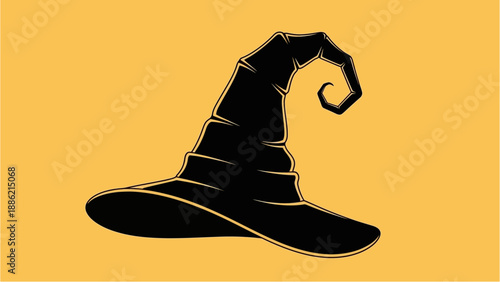 A black witch's hat with a pointed, curled top and wide brim on a solid orange-yellow background, perfect for Halloween.