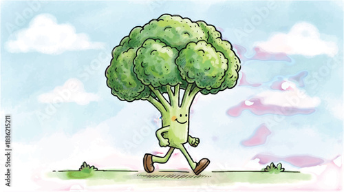 Whimsical vector illustration of a charming broccoli character, promoting healthy and fun lifestyle choices.