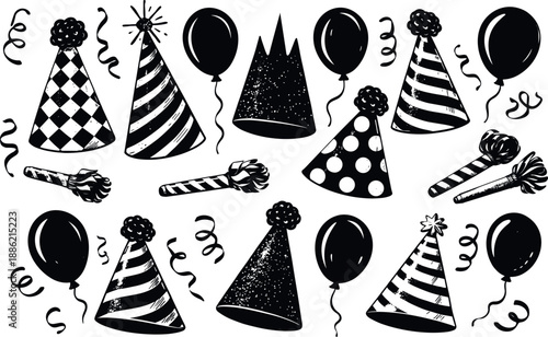 Cute Birthday Party Hats Doodle Set with Colorful Cones, Pom Poms and Festive Patterns