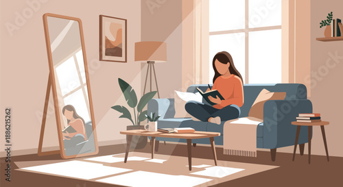 Woman reading a book on a sofa in a sunlit living room.
