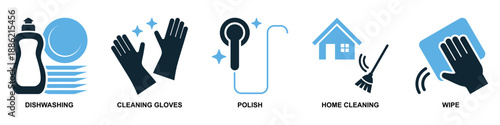Set of cleaning icon vector for hygiene apps. Ideal for housekeeping tools, washing symbols, sanitary equipment, and domestic chore signs.