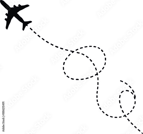 described features a black airplane icon against a white background, with several key elements that convey the concept of air travel and movement