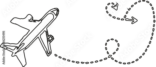 described features a black and white drawing of an airplane with a dotted line representing its flight path