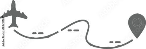  described features a gray airplane depicted in the process of taking off and flying along a curved dotted line that culminates at a gray location pin. 