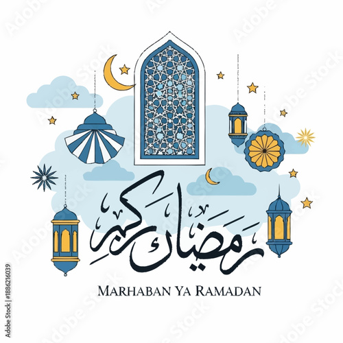 Ramadan Kareem greeting card with Islamic lanterns, crescent moons, stars, and mosque window on a cloudy sky background, featuring Arabic calligraphy and English text 'Marhaban Ya Ramadan'.