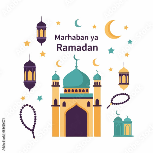 A flat illustration of a mosque with "Marhaban ya Ramadan" text, surrounded by lanterns, crescent moons, stars, and prayer beads, celebrating the holy month.