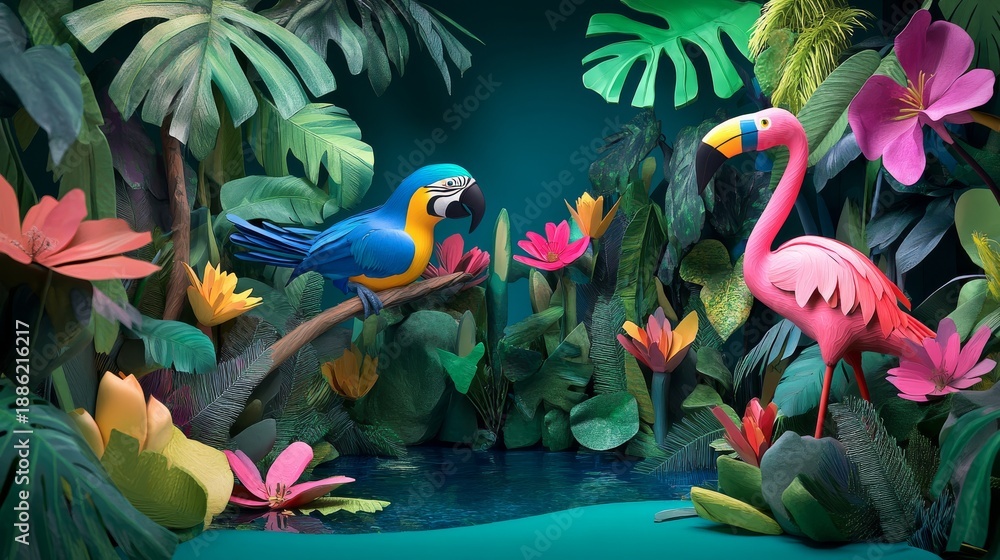 Naklejka premium An enchanting display of tropical flora and fauna, presented as an artful plasticine jungle. The scene bursts with an abundance of vividly colored plants and unusual jungle flowers sculpted in rich